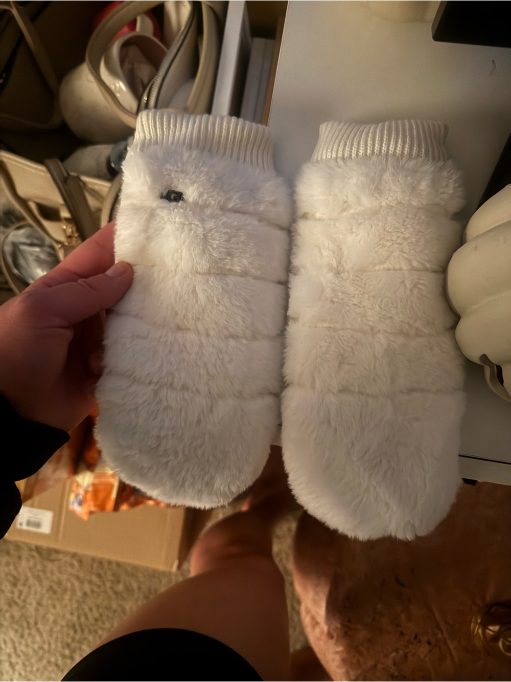 UGG White Plush Quilted Mittens
